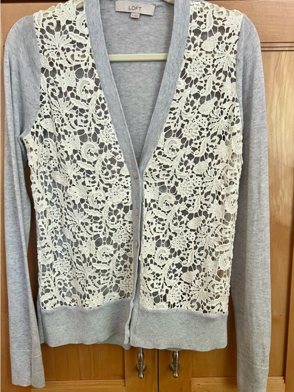LOFT Light Gray Cardigan with Cream Crochet Front Medium